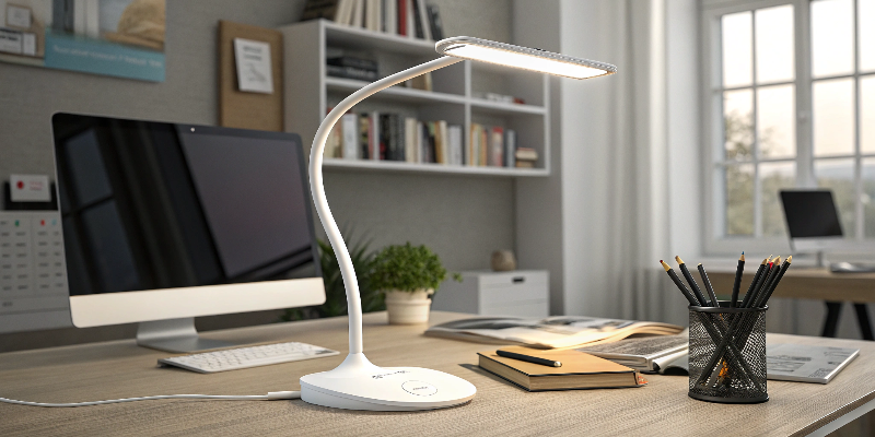 LED desk lamp with computer, creative work area