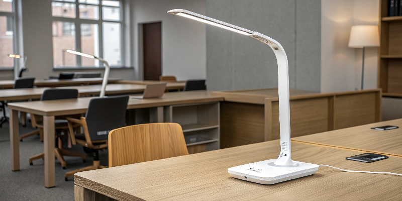 LED desk lamp with laptop, notebook, and coffee cup in modern workspace