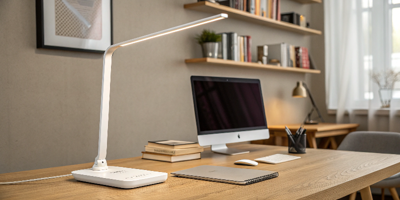 LED desk lamp in modern office space with laptop