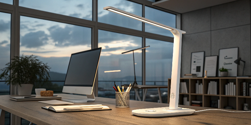 LED desk lamp with computer and accessories on workspace