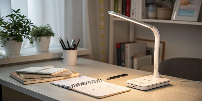 LED desk lamp with office backdrop and city view