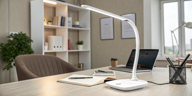 LED desk lamp illuminating workspace with notebook and pens