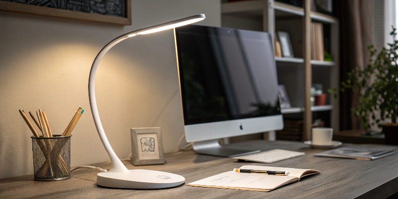 LED desk lamp with office essentials on desk
