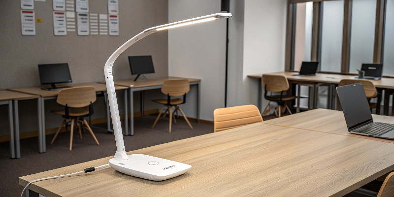 LED desk lamp in classroom with laptop, educational setting