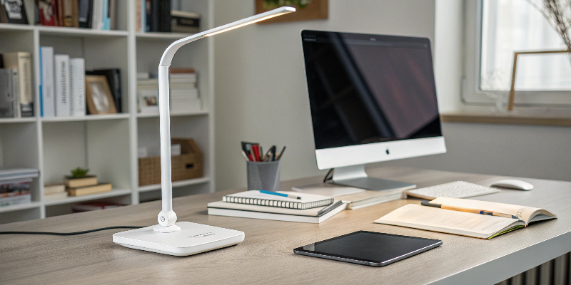 LED desk lamp on desk with books and pens, work desk