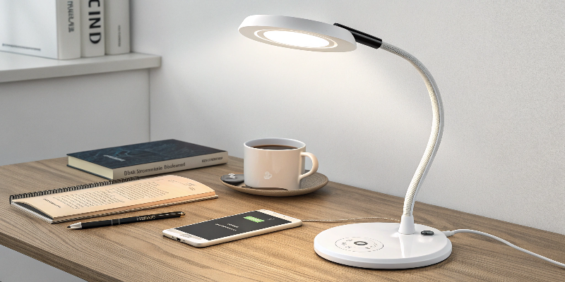 Flexible LED desk lamp with wireless charging station, perfect for desk spaces