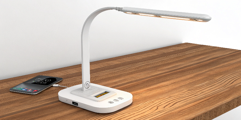 Flexible LED desk lamp with wireless charging station, perfect for desk spaces