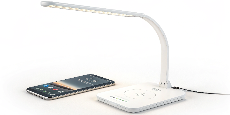 LED desk lamp with built-in wireless charger for convenient phone charging