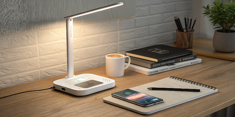 Modern LED desk lamp with a built-in phone charger and sleek design