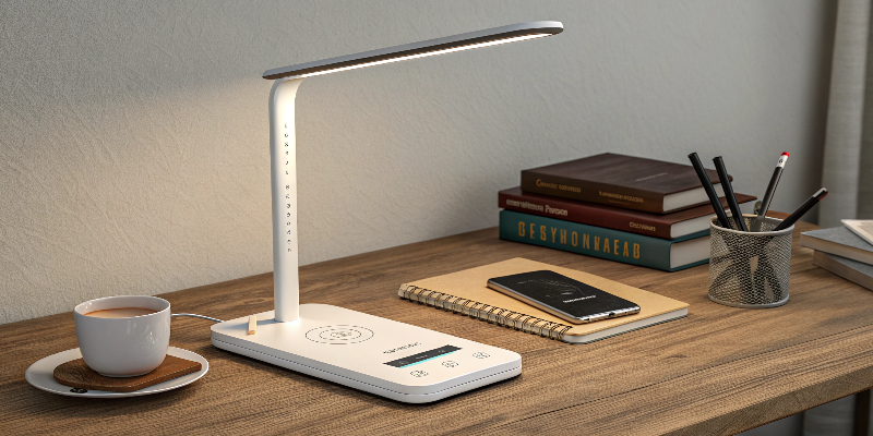 LED desk lamp with wireless charging and adjustable light levels