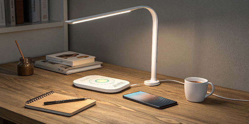 Smart LED desk lamp with a wireless charging base, ideal for multitasking