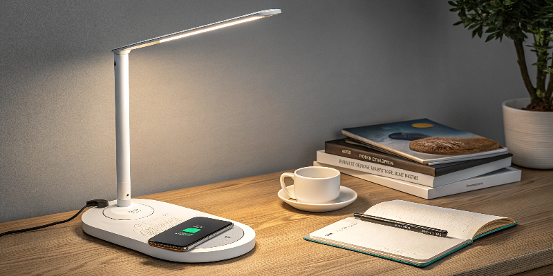 Wireless charging LED desk lamp with a sleek design, perfect for home office setups