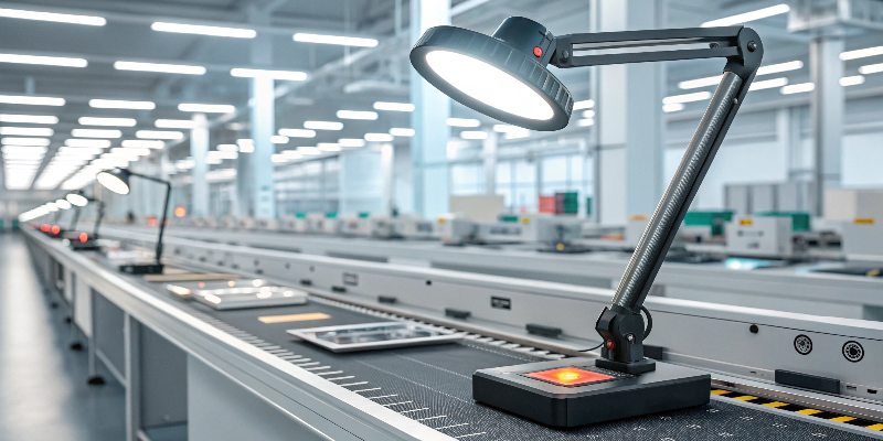 LED desk lamp on a production line in a factory, modern industrial setting