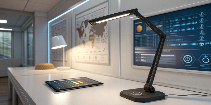 modern LED desk lamp, sleek design with adjustable arm, ideal for workspaces