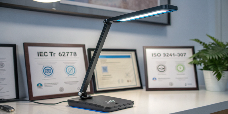 LED desk lamp with certifications displayed in the background