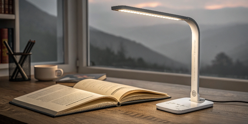 LED desk lamp on a wooden desk, book open, scenic view in the background