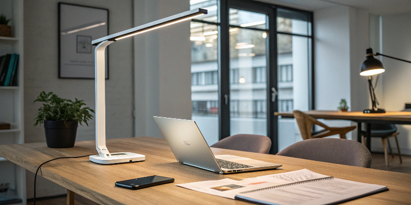 bright modern office desk with laptop and desk lamp, perfect for working