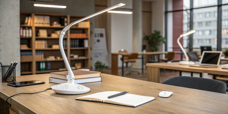 contemporary office workspace with desk lamp, ideal for reading and writing