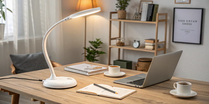 cozy workspace with desk lamp and laptop, ideal for productivity