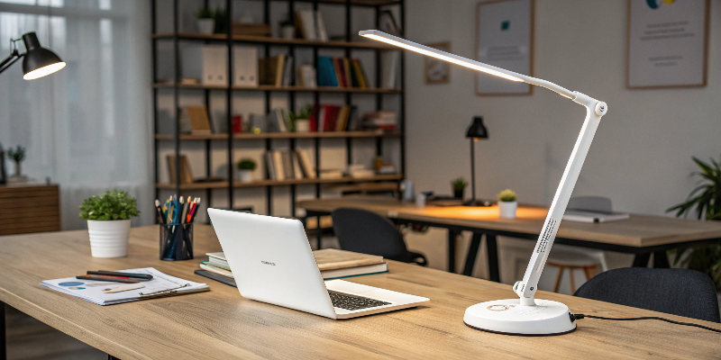 bright and organized desk with laptop and desk lamp, ideal for study