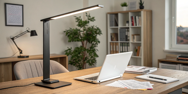 modern office desk with laptop and sleek desk lamp, perfect for work