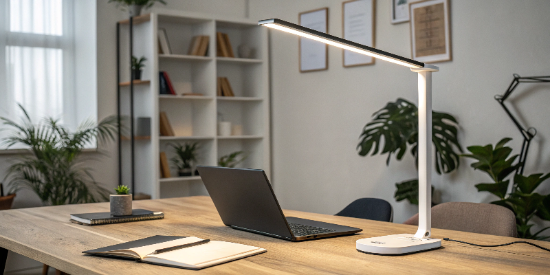 clean and bright workspace with laptop and modern desk lamp, ideal for study