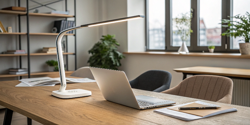 bright office desk with laptop and sleek desk lamp, perfect for work