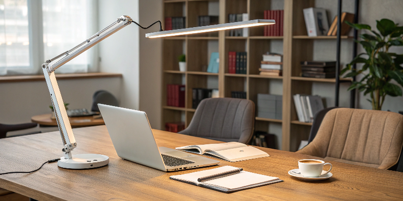 modern workspace with adjustable desk lamp and laptop, ideal for productivity