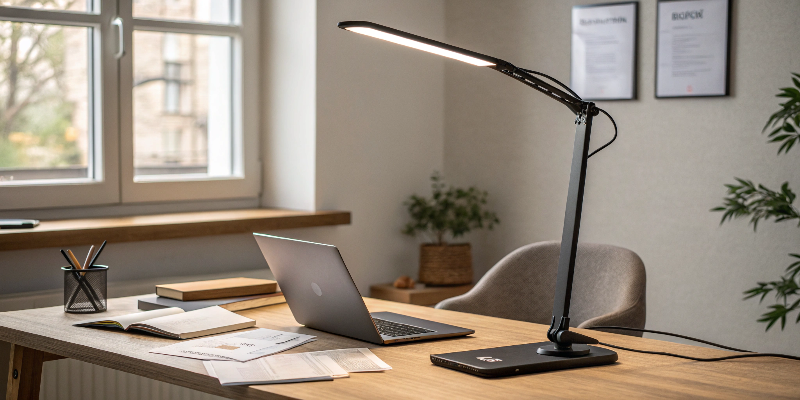 modern office desk with adjustable black desk lamp and laptop, ideal for work