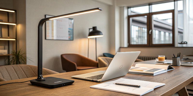 Sleek black LED desk lamp in stylish office, ideal for productive workspaces