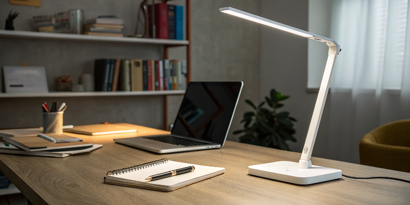 White LED desk lamp with modern design in cozy workspace