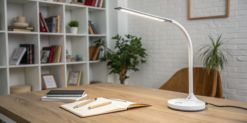 Sleek white LED desk lamp in a modern study setting