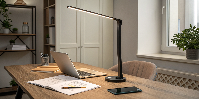 Black LED desk lamp with sleek design in modern office