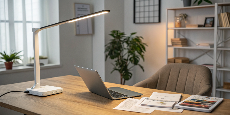 Modern white LED desk lamp with laptop in bright workspace