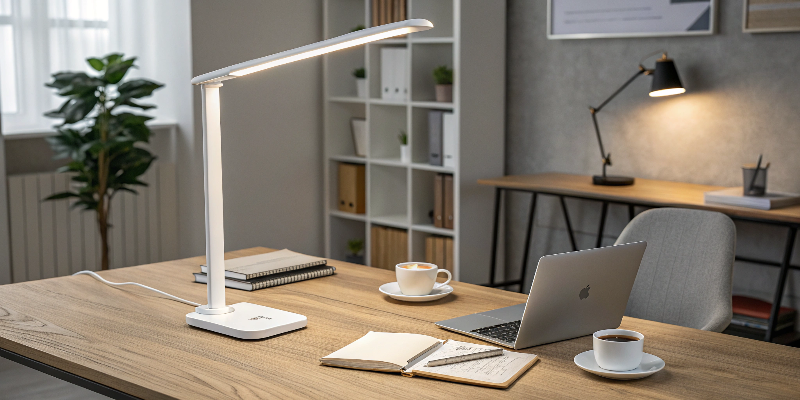 A modern LED desk lamp with coffee cups on a wooden desk, perfect for study or work.