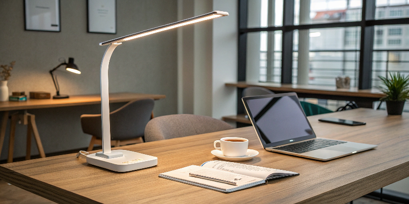 A sleek LED desk lamp with a cup of coffee on a modern workspace table.