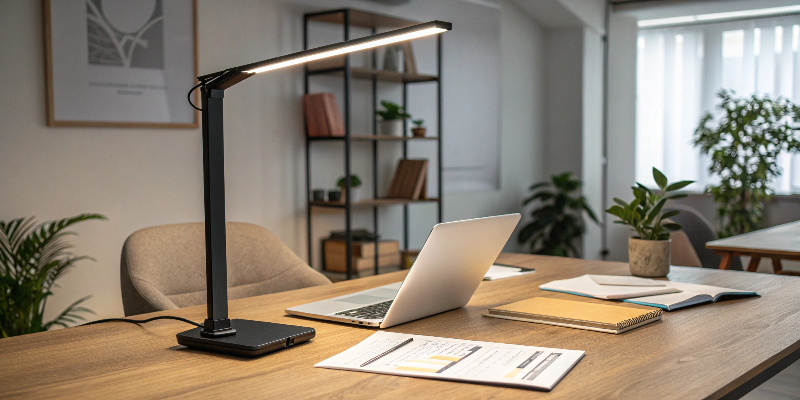 A modern black LED desk lamp on a workspace with a laptop and plants.