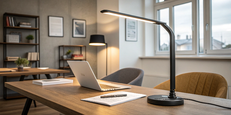 A stylish black LED desk lamp with a laptop and notebooks on a modern workspace.