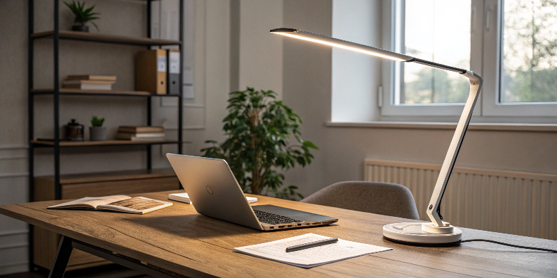 A white LED desk lamp illuminating a modern workspace with a laptop and books.