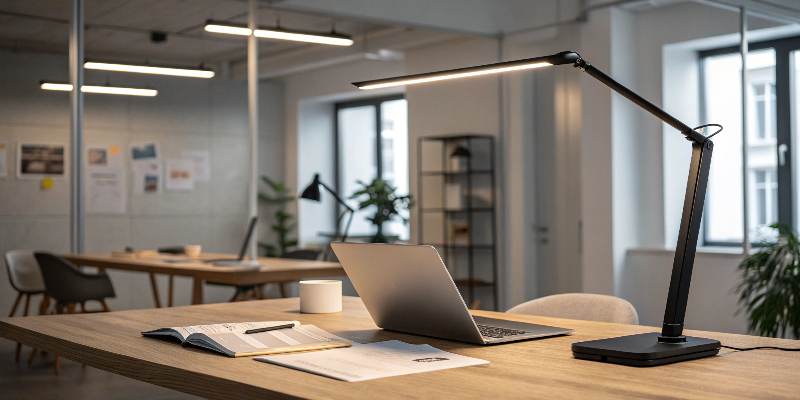 A black LED desk lamp on a spacious office desk with a laptop and notebooks.