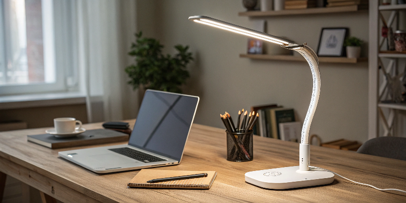 A white LED desk lamp with a sleek design, accompanied by a laptop and stationery.