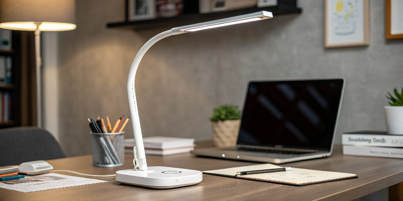 A white LED desk lamp on a cozy workspace with a laptop and office supplies.