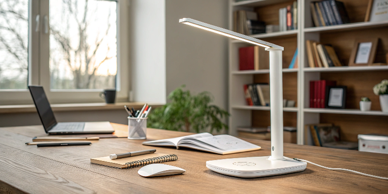 A white LED desk lamp with a view of a sunny window and workspace essentials.