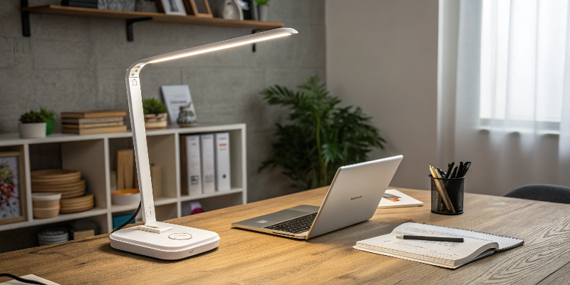 A white LED desk lamp with a laptop and stationery on a well-organized desk.