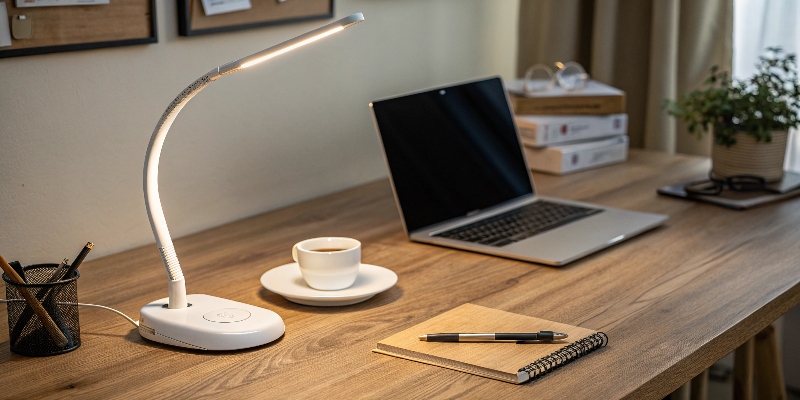 A white LED desk lamp with a coffee cup and laptop on a minimalist desk.