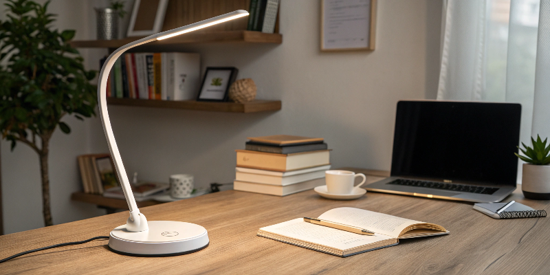 A white LED desk lamp with books and a laptop on a cozy workspace.