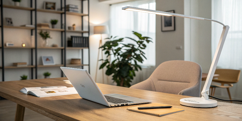 A white LED desk lamp with a laptop and plant in a modern office setting.