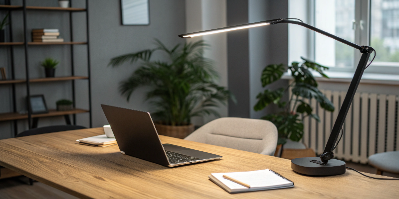 modern desk with laptop and desk lamp, ideal for study or office use