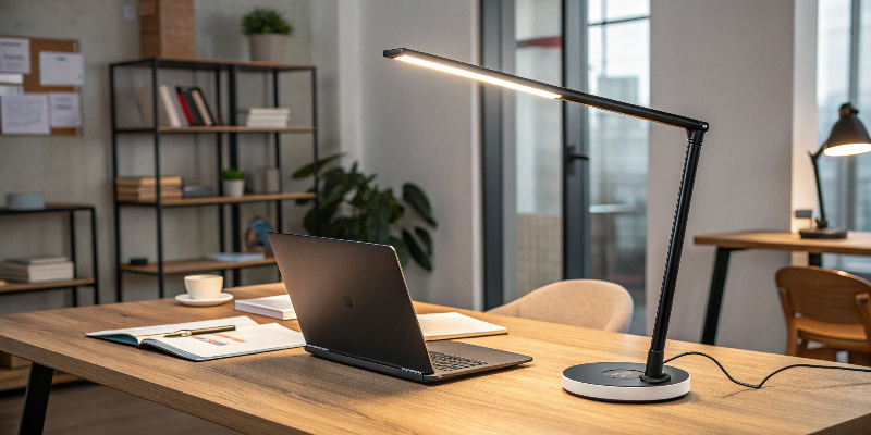 modern office workspace with laptop and desk lamp, perfect for productivity