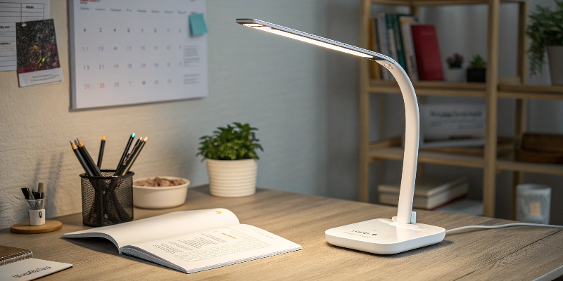 stylish desk with white desk lamp, ideal for study or home office